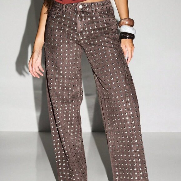 Women's metallic Studded Wide Leg Jeans bottons pants - Picture 2 of 5
